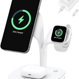 Estación de carga inalámbrica 5 en 1, almohadilla de carga rápida de 15 W para Apple iWatch AirPods iPhone y Qi & MagSafe compatible con múltiples dispositivos, cargador SOLEX America blanco noche lámpara soporte de lámpara de mesa