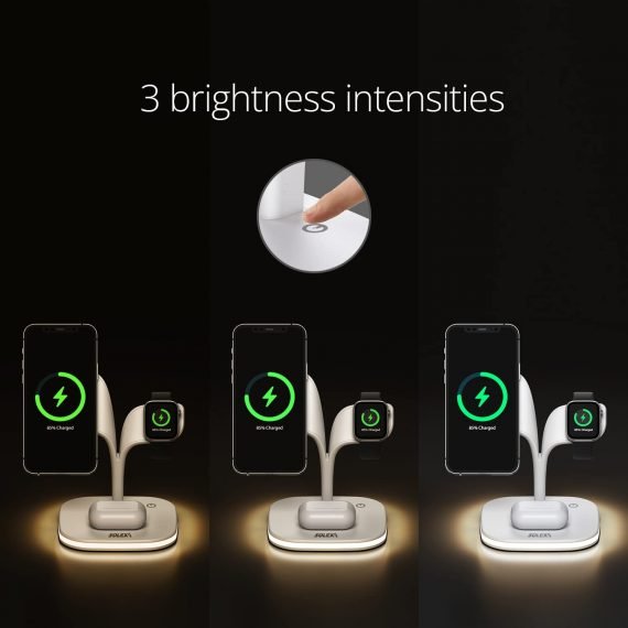 Estación de carga inalámbrica 5 en 1, almohadilla de carga rápida de 15 W para Apple iWatch AirPods iPhone y Qi & MagSafe compatible con múltiples dispositivos, cargador SOLEX America blanco noche lámpara soporte de lámpara de mesa