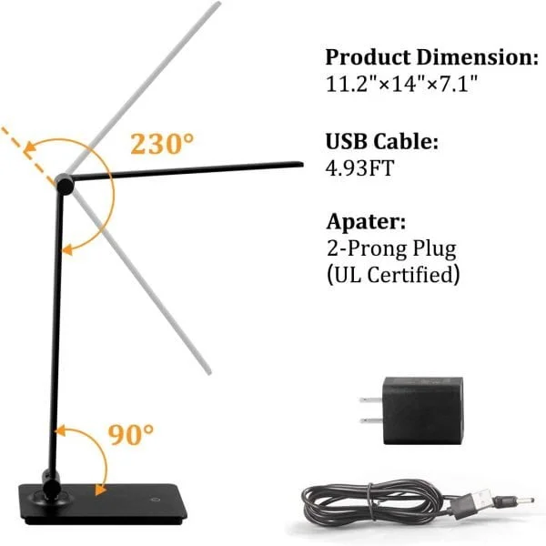 Lámpara de escritorio LED con control táctil con 3 niveles de brillo, lámpara de oficina regulable con brazo ajustable, lámpara de escritorio plegable para mesa, dormitorio, mesita de noche, estudio de oficina, 5000 K, 8 W, color negro