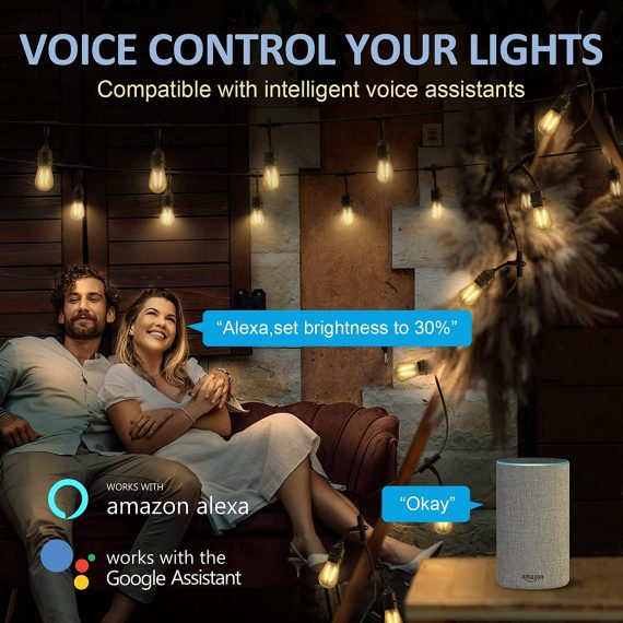 Guirnalda luminosa de exterior, cadena de luces para patio, luz blanca cálida, control inteligente por aplicación o Alexa, 49 o 98 pies