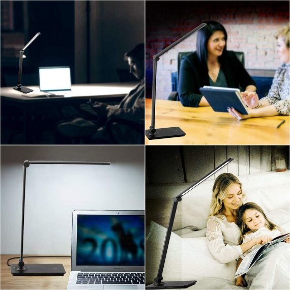 Lámpara de escritorio LED con control táctil con 3 niveles de brillo, lámpara de oficina regulable con brazo ajustable, lámpara de escritorio plegable para mesa, dormitorio, mesita de noche, estudio de oficina, 5000 K, 8 W, color negro