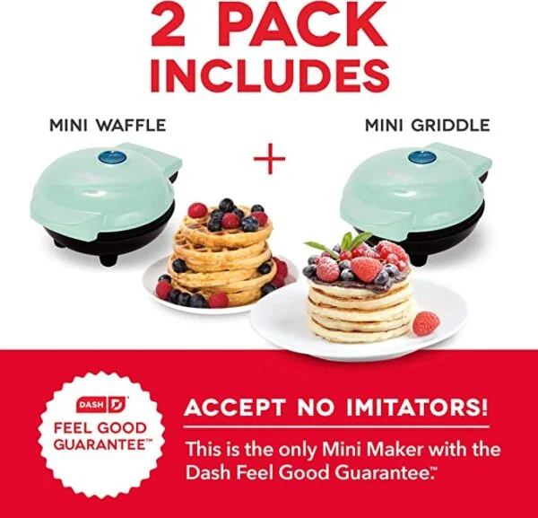 DASH Mini Maker Waffle Maker + plancha, paquete de 2 planchas + gofrera, color aguamarina