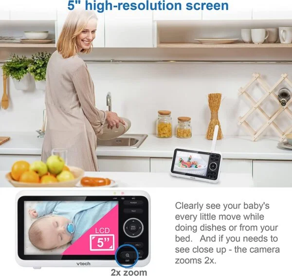 Monitor de video VTech VM350-2 con batería compatible con modo de video de 12 horas, modo de audio de 21 horas, pantalla de 5 pulgadas, 2 cámaras, 1000 pies de largo alcance, visión nocturna brillante, 2 Waytalk, pantalla automática de encendido y canciones de cuna