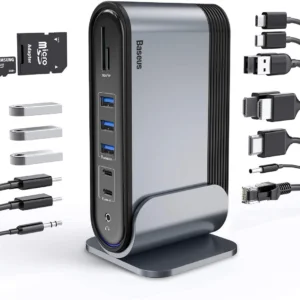 Baseus Estación de acoplamiento USB C 17 en 1 para fundir en 3 monitores, estación de acoplamiento para laptop 4K USB C con puerto USB-C PD de 100 W, HDMI 4K x 3, USB 3.0 x 5, LAN, lector de tarjetas SD/TF, puerto de audio para Windows, Mac