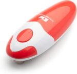 Kitchen Mama Abrelatas eléctrico: abre tus latas con un simple botón - Borde liso, apto para alimentos y funciona con pilas (rojo)