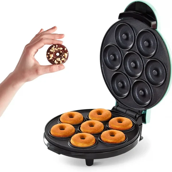 DASH Mini máquina para hacer donas para desayunos, aperitivos, postres y más con superficie antiadherente, hace 7 donas - Aqua