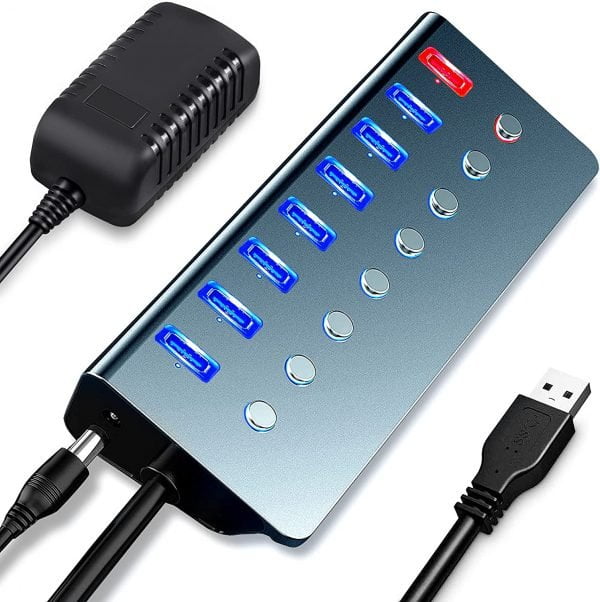 LOBKIN Hub USB alimentado por 7 puertos USB Hub 3.0 | 1 puerto de carga inteligente | Ampliador de puerto USB múltiple con interruptores de encendido/apagado individuales y adaptador de alimentación de 5 V/3 A para laptop, PC, Mac, MacBook Pro, PS4, TV