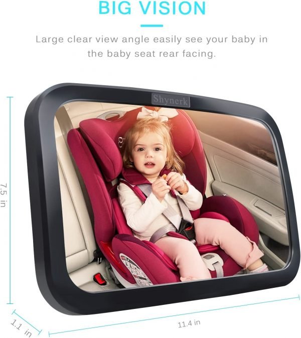 Shynerk Espejo de coche para bebé, espejo de seguridad para asiento trasero infantil con amplia vista cristalina, inastillable, totalmente montado, probado contra choques y certificado