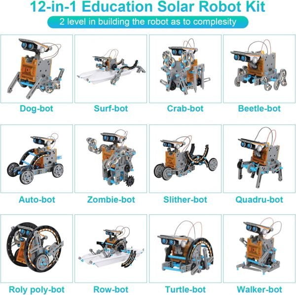 mababa Kit de construcción de robot solar 12 en 1 para niños, kit de creación educativa STEM de 190 piezas con motor motorizado alimentado por energía solar y engranajes para niños y niñas de 8 a 12 años.