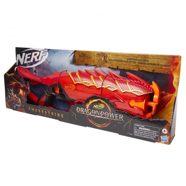 Nerf DragonPower Emberstrike Blaster, inspirado en mazmorras y dragones, tambor de 8 dardos, 16 dardos Nerf, almacenamiento de dardos